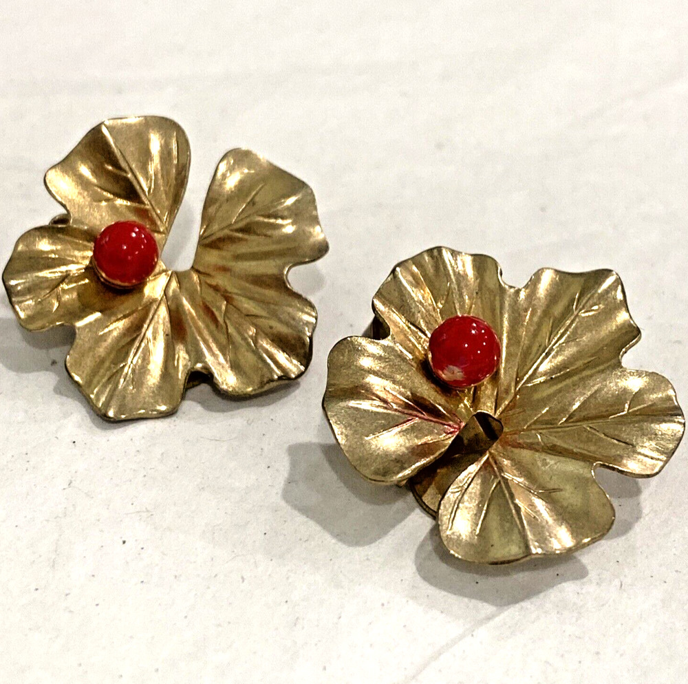 Vintage clip on earrings red beads textured dimensional golden lotus lily pad